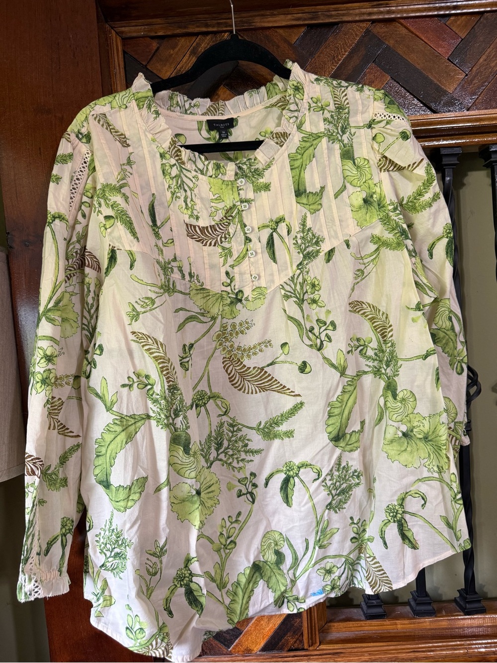 Talbots Green and Cream Botanical Print Blouse